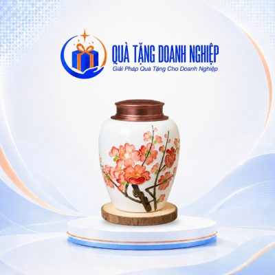 Hũ Đựng Trà Hoa Đỏ Nắp Đồng In Logo Quà Tặng Doanh Nghiệp