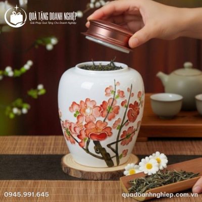 Hũ Đựng Trà Hoa Đỏ Nắp Đồng In Logo Quà Tặng Doanh Nghiệp