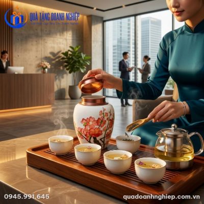 Hũ Đựng Trà Hoa Đỏ Nắp Đồng In Logo Quà Tặng Doanh Nghiệp