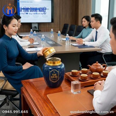 Hũ Đựng Trà Men Hỏa Biến Xanh In Logo Quà Tặng Doanh Nghiệp