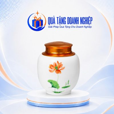Hũ Đựng Trà Sứ Trắng Hoa Sen In Logo Quà Tặng Doanh Nghiệp