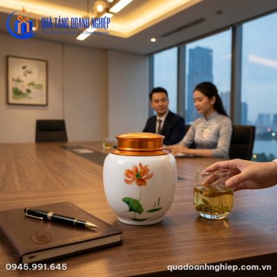 Hũ Đựng Trà Sứ Trắng Hoa Sen In Logo Quà Tặng Doanh Nghiệp