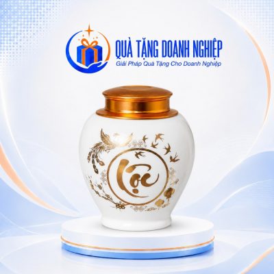 Hũ Đựng Trà Sứ Trắng In Logo Họa Tiết Lộc Phú Quý Quà Tặng Doanh Nghiệp