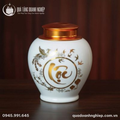 Hũ Đựng Trà Sứ Trắng In Logo Họa Tiết Lộc Phú Quý Quà Tặng Doanh Nghiệp