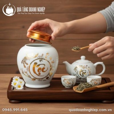 Hũ Đựng Trà Sứ Trắng In Logo Họa Tiết Lộc Phú Quý Quà Tặng Doanh Nghiệp