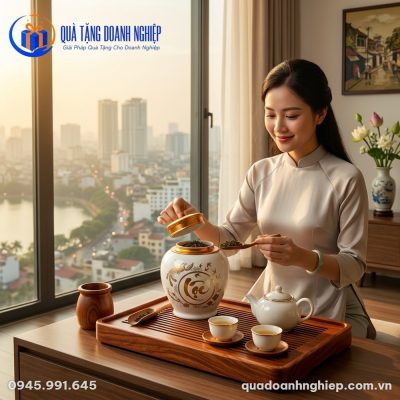 Hũ Đựng Trà Sứ Trắng In Logo Họa Tiết Lộc Phú Quý Quà Tặng Doanh Nghiệp
