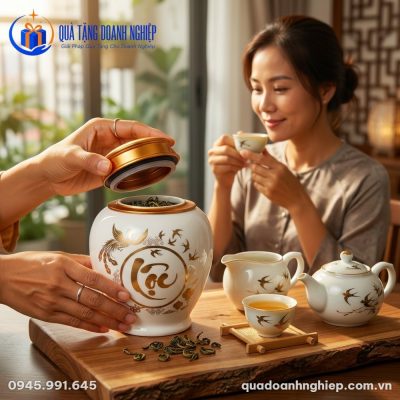 Hũ Đựng Trà Sứ Trắng In Logo Họa Tiết Lộc Phú Quý Quà Tặng Doanh Nghiệp