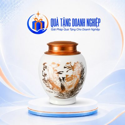 Hũ Đựng Trà Sứ Trắng Nắp Đồng Quà Tặng Doanh Nghiệp In Logo