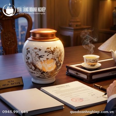 Hũ Đựng Trà Sứ Trắng Nắp Đồng Quà Tặng Doanh Nghiệp In Logo