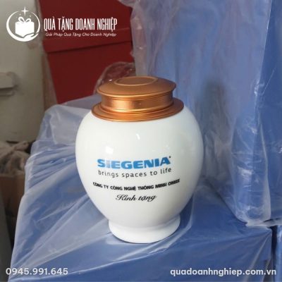 Hũ Đựng Trà Sứ Trắng Nắp Đồng Quà Tặng Doanh Nghiệp In Logo