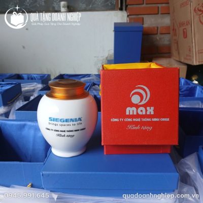 Hũ Đựng Trà Sứ Trắng Nắp Đồng Quà Tặng Doanh Nghiệp In Logo