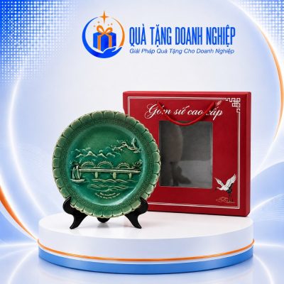 Đĩa biểu trưng sứ bát tràng hoạ tiết dấu ấn di sản việt 20cm in logo quà tặng BDT-04 - Ảnh đại diện