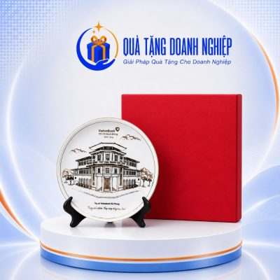 Đĩa biểu trưng sứ bát tràng hoạ tiết trụ sở vietcombank 20cm in logo quà tặng BDT-08 - Ảnh đại diện