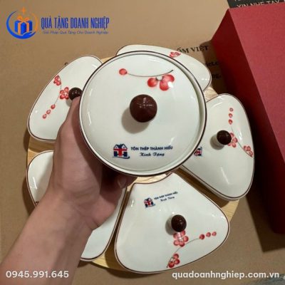 Khay Mứt Tết Gốm Sứ Hoa Đào In Logo Quà Tặng Doanh Nghiệp