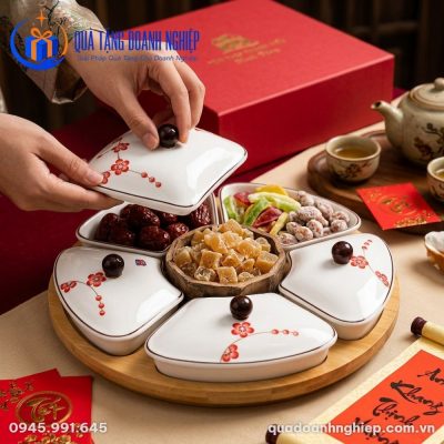 Khay Mứt Tết Gốm Sứ Hoa Đào In Logo Quà Tặng Doanh Nghiệp