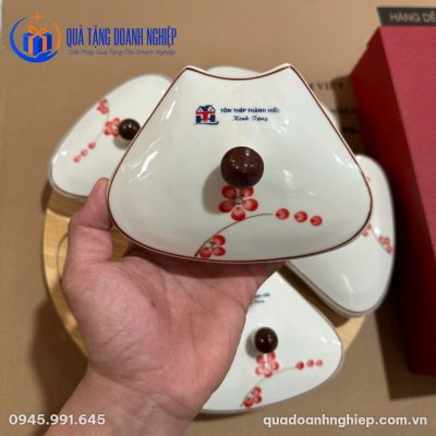 Khay Mứt Tết Gốm Sứ Hoa Đào In Logo Quà Tặng Doanh Nghiệp