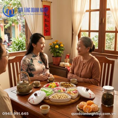 Khay Mứt Tết Gốm Sứ Hoa Đào In Logo Quà Tặng Doanh Nghiệp