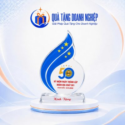 Kỷ Niệm Chương Pha Lê Hình Ngọn Lửa Xanh In Logo Quà Tặng Doanh Nghiệp