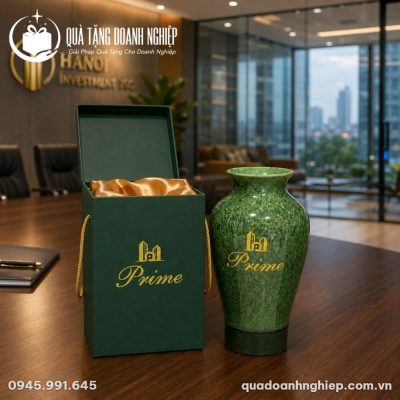 Lọ Hoa Gốm Sứ Men Hỏa Biến Lục Bảo In Logo Quà Tặng Doanh Nghiệp