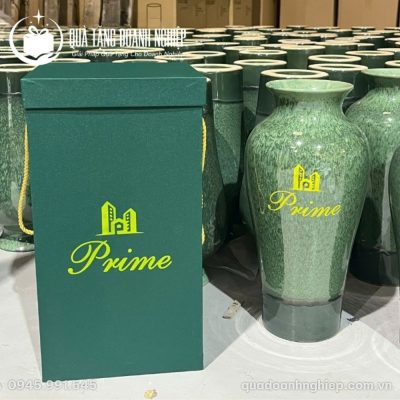 Lọ Hoa Gốm Sứ Men Hỏa Biến Lục Bảo In Logo Quà Tặng Doanh Nghiệp