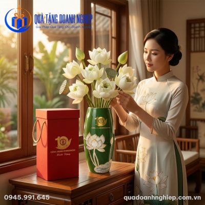 Lọ Hoa Men Xanh Lục Hoa Sen In Logo Quà tặng Doanh Nghiệp