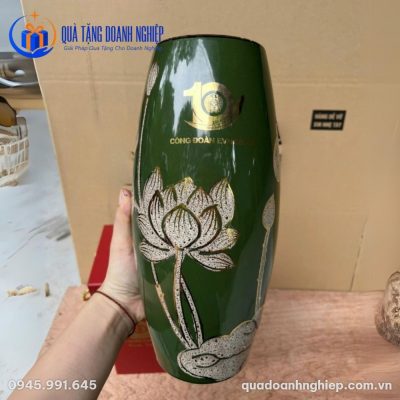 Lọ Hoa Men Xanh Lục Hoa Sen In Logo Quà tặng Doanh Nghiệp