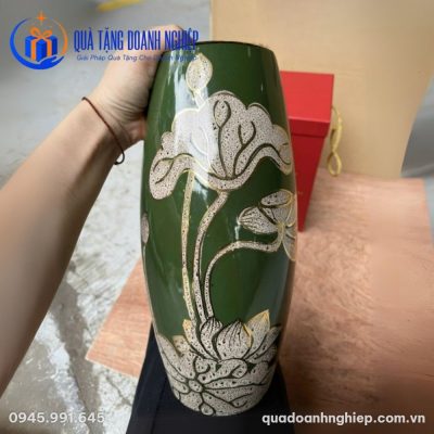 Lọ Hoa Men Xanh Lục Hoa Sen In Logo Quà tặng Doanh Nghiệp