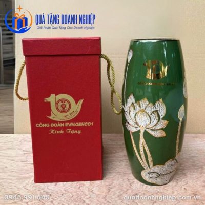 Lọ Hoa Men Xanh Lục Hoa Sen In Logo Quà tặng Doanh Nghiệp