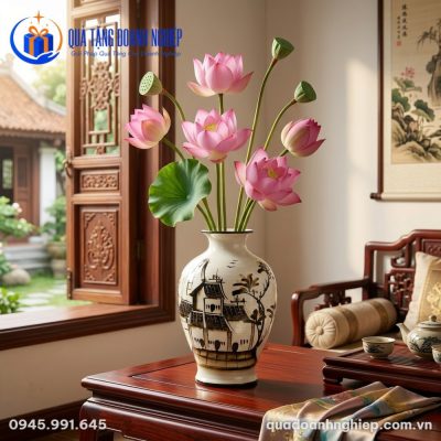 Lọ Hoa Sứ Gốm Sứ Bát Tràng Cảnh Đồng Quê Quà Tặng Doanh Nghiệp In Logo