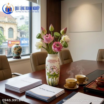 Lọ Hoa Sứ Họa Tiết Hoa Sen In Logo Quà Tặng Doanh Nghiệp