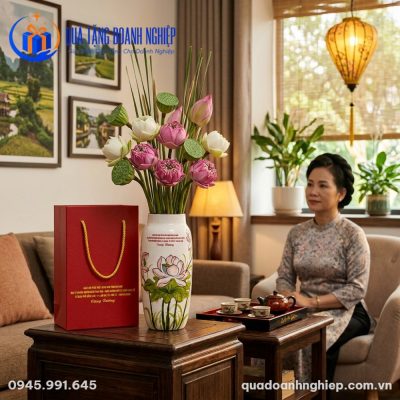 Lọ Hoa Sứ Họa Tiết Hoa Sen In Logo Quà Tặng Doanh Nghiệp