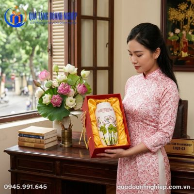 Nữ nhân viên văn phòng trong tà áo dài truyền thống chuẩn bị quà tặng cho sự kiện