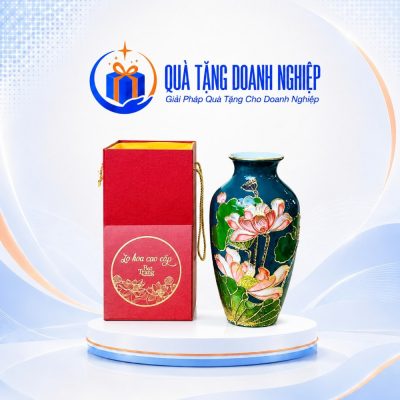 Lọ Hoa Sứ Men Lam Ngọc Họa Tiết Hoa Sen In Logo Quà Tặng Doanh Nghiệp