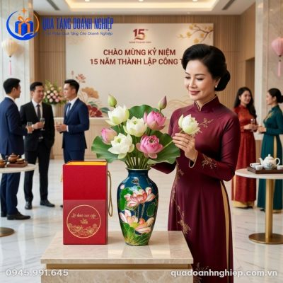 Lọ Hoa Sứ Men Lam Ngọc Họa Tiết Hoa Sen In Logo Quà Tặng Doanh Nghiệp