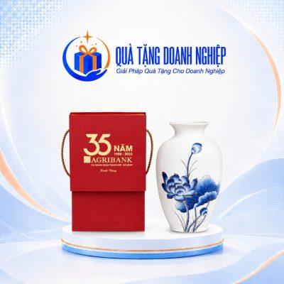 Lọ Hoa Sứ Trắng Vẽ Sen Xanh In Logo Quà Tặng Doanh Nghiệp