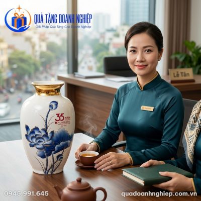 Lọ Hoa Sứ Trắng Vẽ Sen Xanh In Logo Quà Tặng Doanh Nghiệp