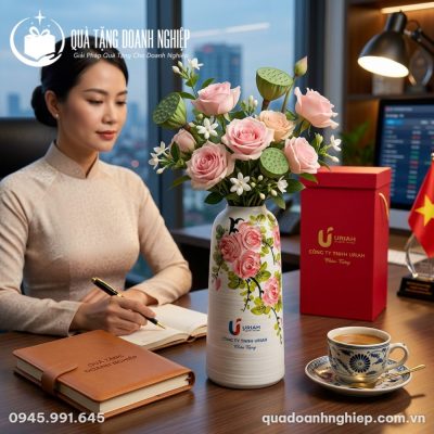 Lọ Hoa Sứ Vẽ Tay Hoa Hồng In Logo Quà Tặng Doanh Nghiệp