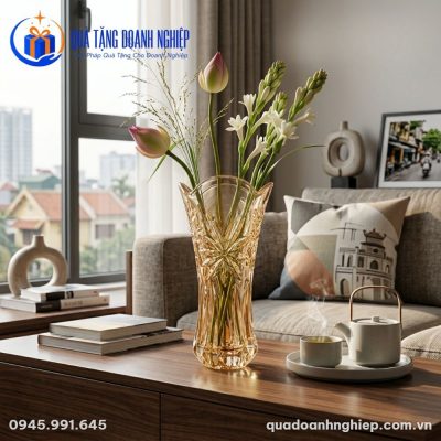 Lọ Hoa Thủy Tinh Hổ Phách Hướng Dương In Logo Quà Tặng Doanh Nghiệp