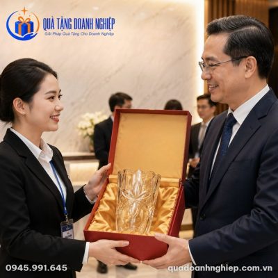 Lọ Hoa Thủy Tinh Hổ Phách Khắc Nổi Quà Tặng Doanh Nghiệp In Logo