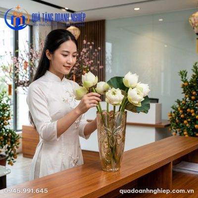 Lọ Hoa Thủy Tinh Hổ Phách Khắc Nổi Quà Tặng Doanh Nghiệp In Logo