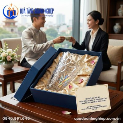 Lọ Hoa Thủy Tinh In Logo Hoa Hướng Dương Quà Tặng Doanh Nghiệp