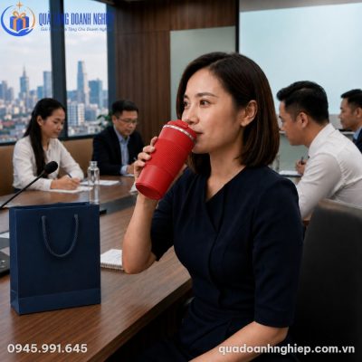 Nữ nhân viên văn phòng sử dụng ly giữ nhiệt LGNQT-09 màu đỏ trong cuộc họp thường niên