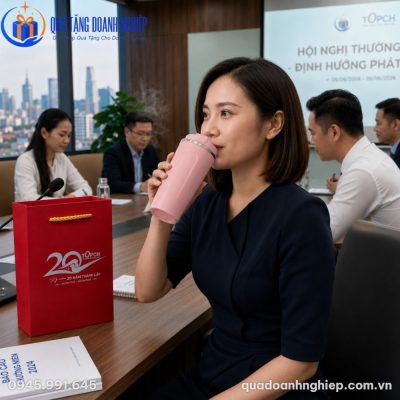 Nhân sự doanh nghiệp sử dụng ly giữ nhiệt màu hồng pastel ngay trong phòng họp thường niên sang trọng