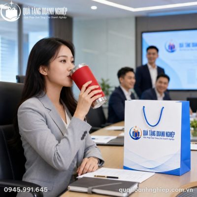 Thành viên ban nhân sự sử dụng ly giữ nhiệt LGNQT-08 trong phòng họp doanh nghiệp