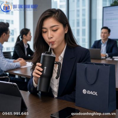 Ly giữ nhiệt in logo phối hợp đồng bộ cùng túi giấy đựng quà trong không gian văn phòng làm việc