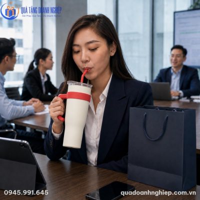 Nữ nhân viên văn phòng Việt Nam sử dụng ly giữ nhiệt LGNQT-17 tiện lợi ngay trong cuộc họp thường niên
