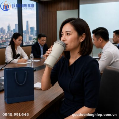 Nhân viên văn phòng sử dụng ly giữ nhiệt màu kem trong không gian phòng họp doanh nghiệp hiện đại