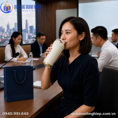 Nữ nhân viên văn phòng Việt Nam thanh lịch đang sử dụng ly giữ nhiệt màu be trong buổi họp công sở