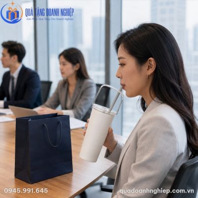 Nhân viên văn phòng sử dụng ly giữ nhiệt màu trắng 710ml trực tiếp tại bàn họp, thể hiện sự năng động và tiện dụng trong ngày làm việc