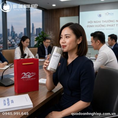Khách hàng sử dụng ly giữ nhiệt LGNQT-02 trong phòng họp hội nghị doanh nghiệp trang trọng